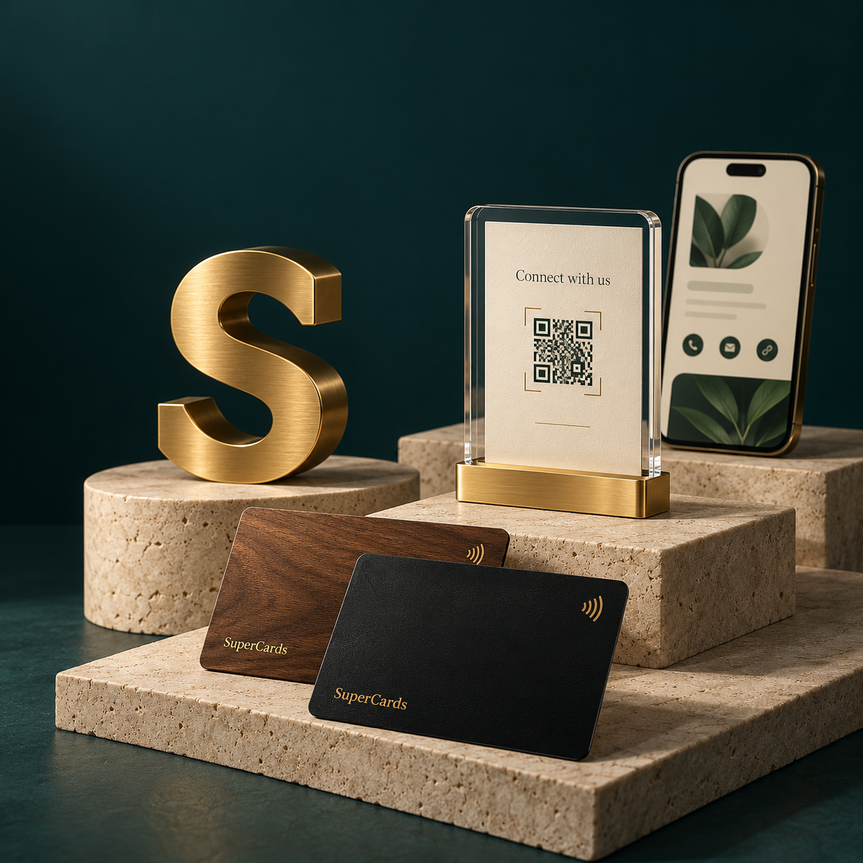Studio illustration of NFC cards, an acrylic QR display, digital profile and dimensional signage