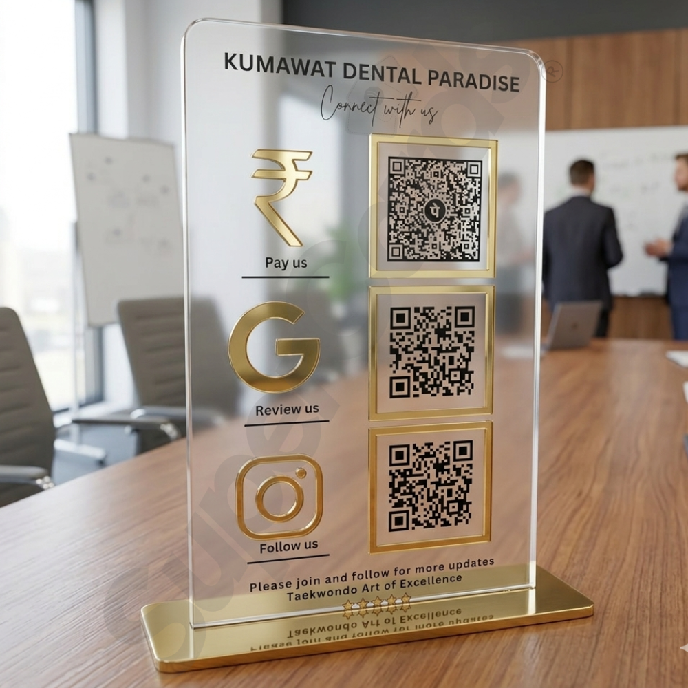 Three QR Clear Gold Acrylic Standee