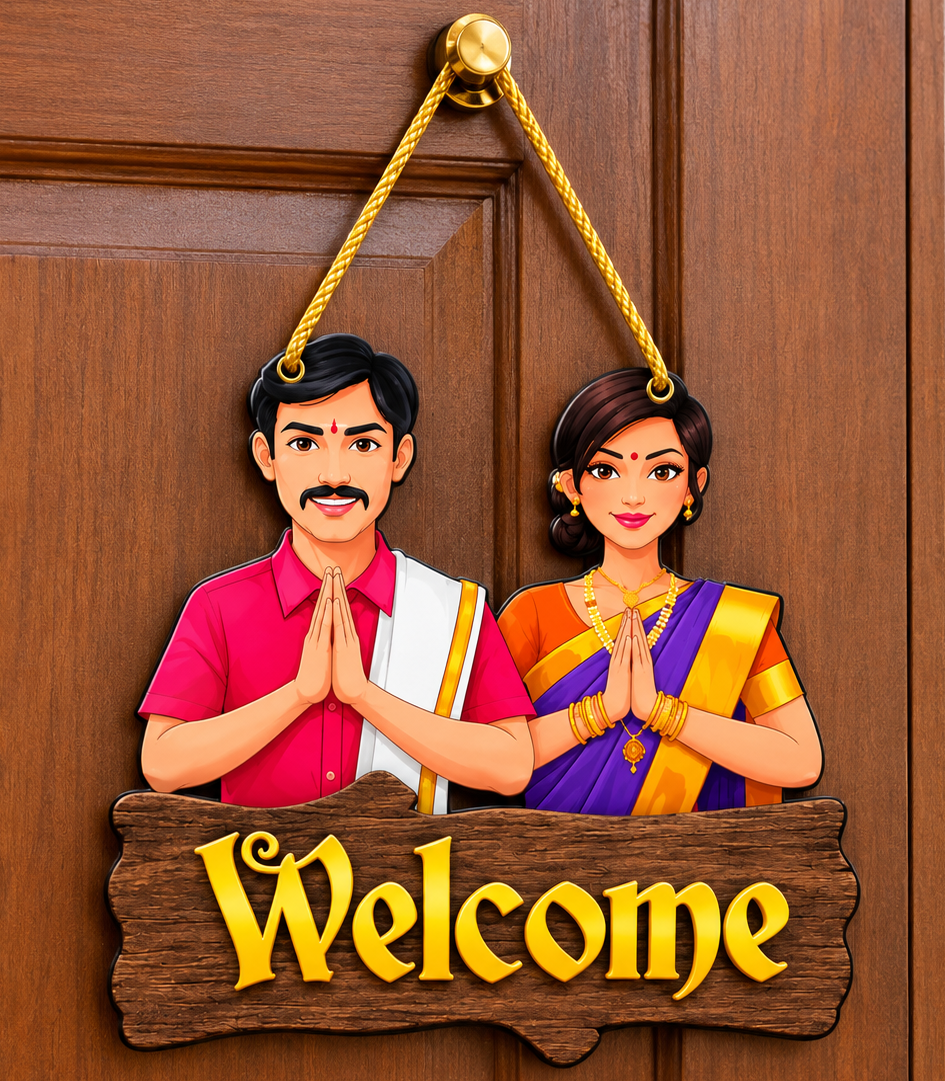 Handcrafted Indian Couple Welcome Sign Wooden Wall Hanging Door Decor