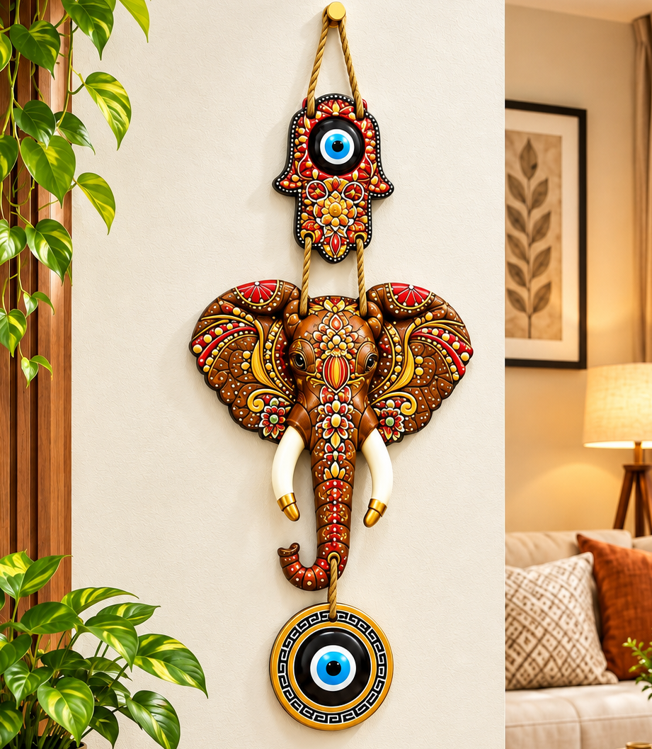 Evil Eye Protection Wooden Elephant Hanging | Brown Hamsa Hand 3-Tier Traditional Nazar Battu Plaque for Home Entrance