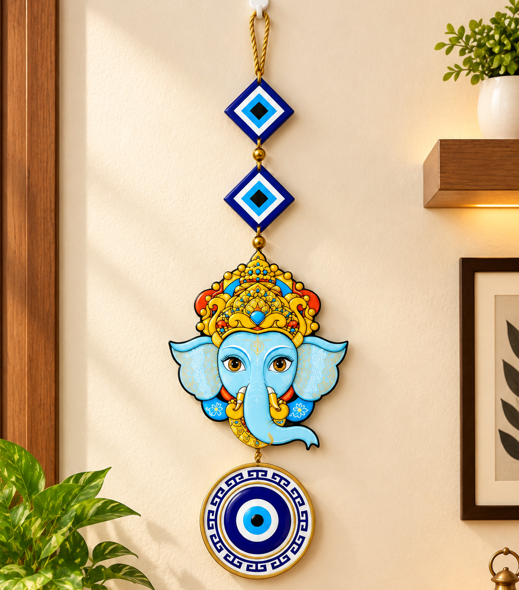Handcrafted Lord Ganesha Face and Evil Eye Wooden Wall Hanging Protection Decor