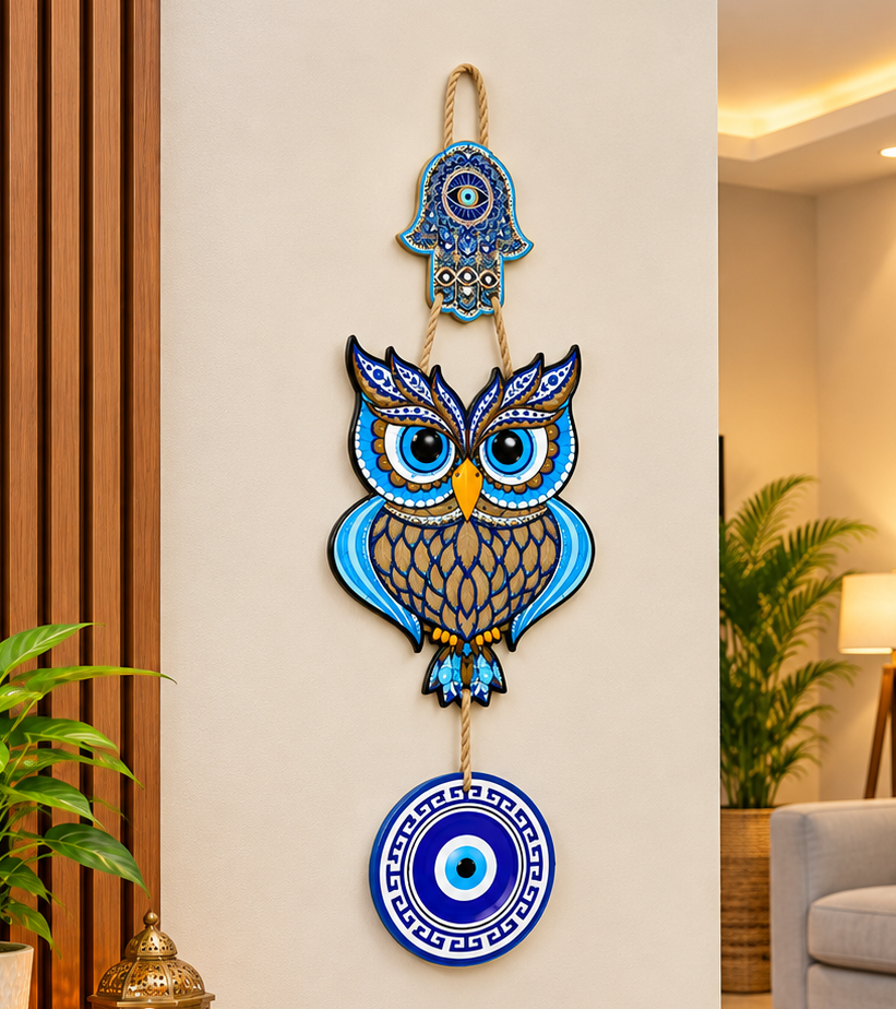 Handcrafted Owl Hamsa Hand and Evil Eye Wooden Wall Hanging Protection Decor