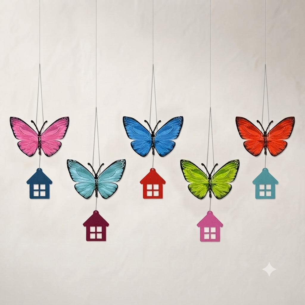 Colorful Butterfly Hanging Chime | 5 Pack Wooden Wall Decor Latkan for Home
