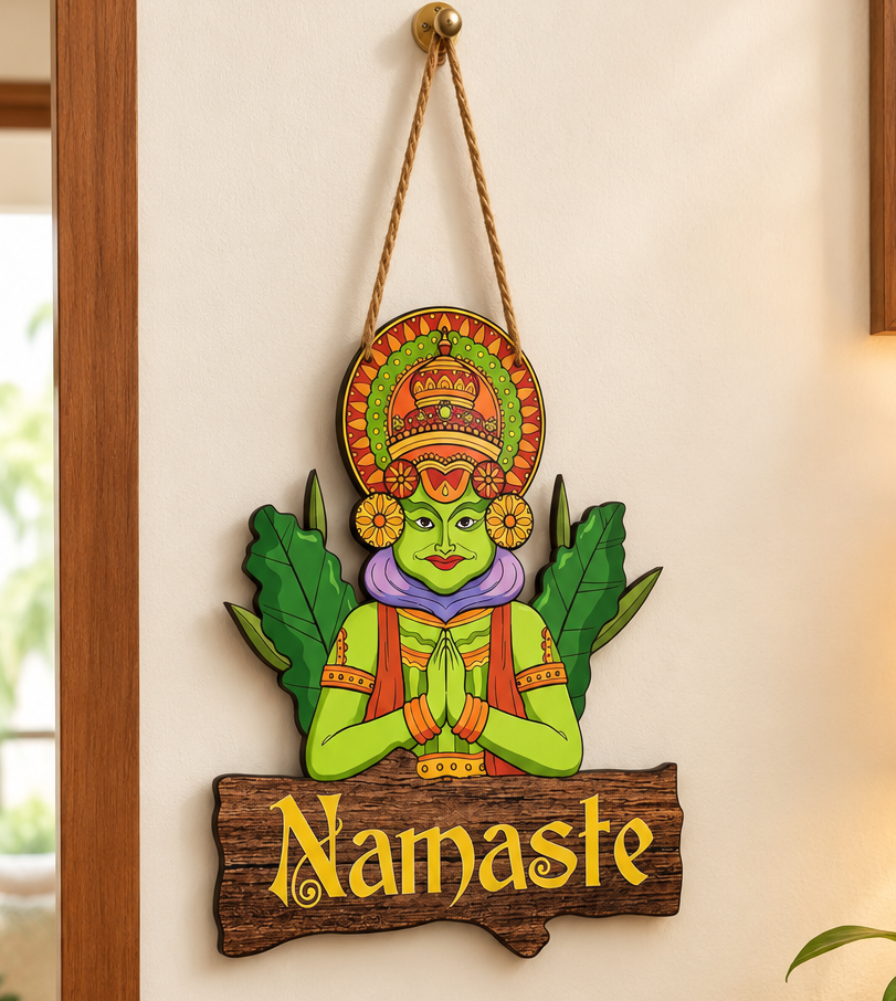 Kathakali Namaste Welcome Sign | Traditional Kerala Theme Wooden Door Hanging Plaque