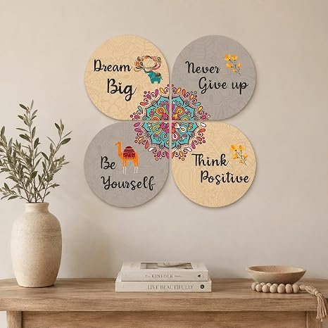Motivational Wall Art Set of 4 – Round Wooden Quotes Plates for Home & Office Decor