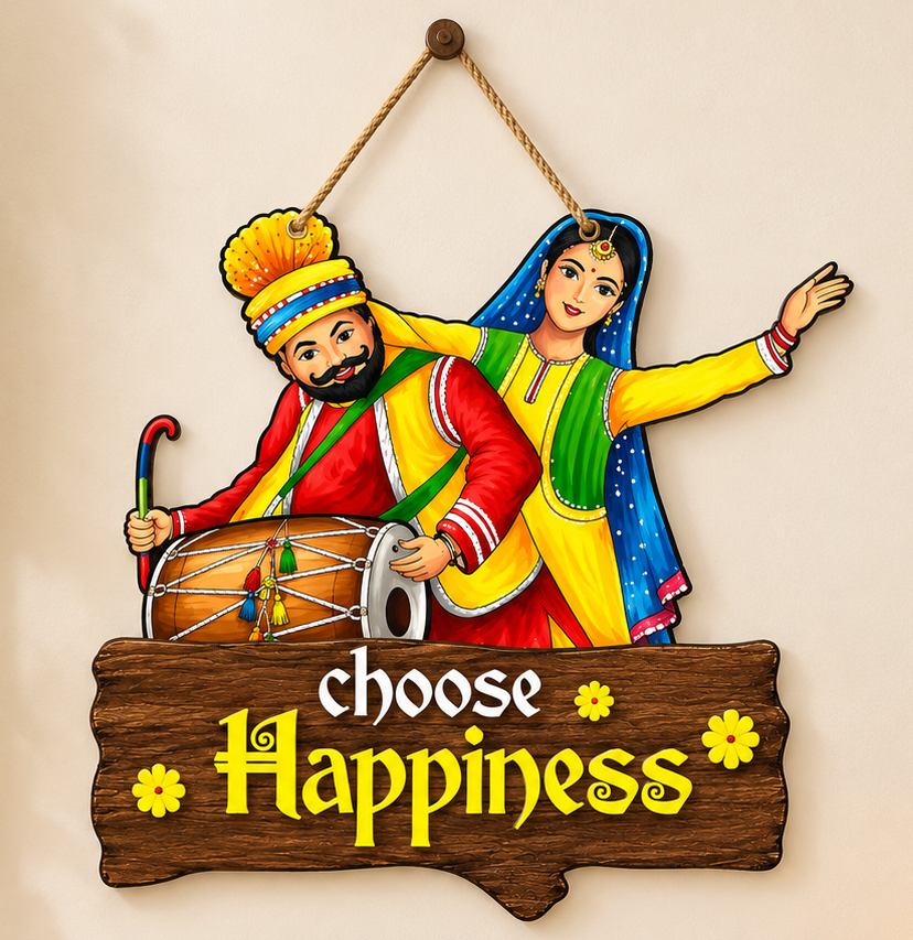Punjabi Bhangra Theme Hanging Sign | "Choose Happiness" Traditional Wooden Door Plaque