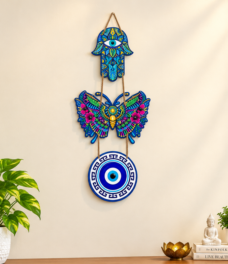Handcrafted Hamsa Hand and Evil Eye Wooden Wall Hanging Decor with Butterfly Panel