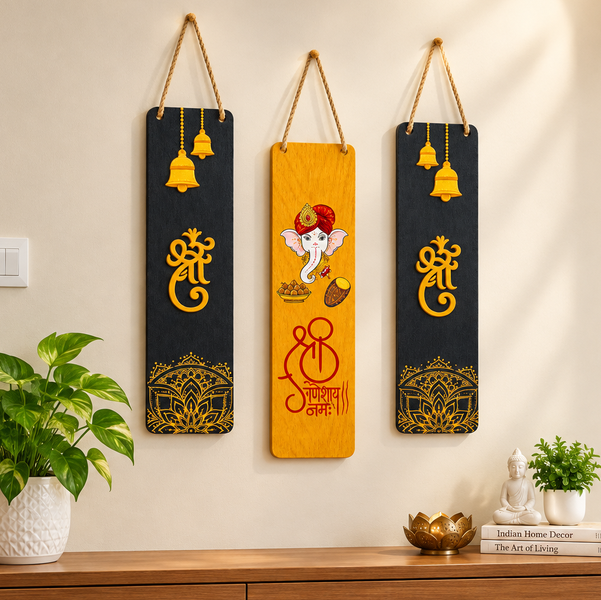 Handcrafted Wooden Lord Ganesha Wall Hanging Panels for Home Decor (Set of 3, Black & Yellow