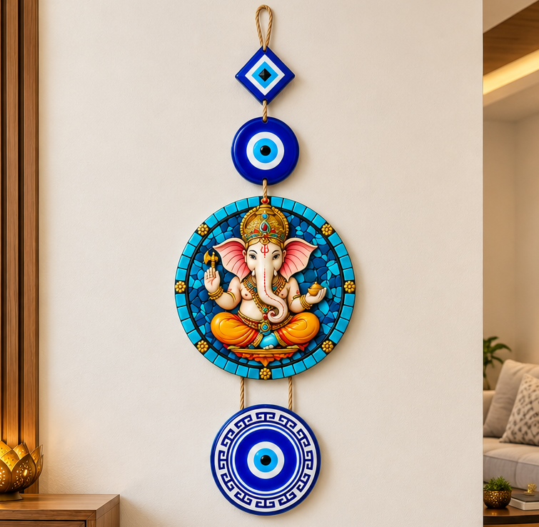 Handcrafted Lord Ganesha and Evil Eye Wooden Wall Hanging Protection Decor