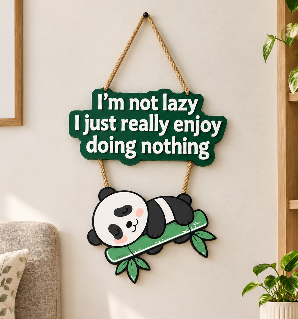 Funny Panda Wall Hanging for Home Decor, Cute Lazy Panda Quote Wall Art, Hanging Sign for Bedroom, Living Room, Office & Study Room