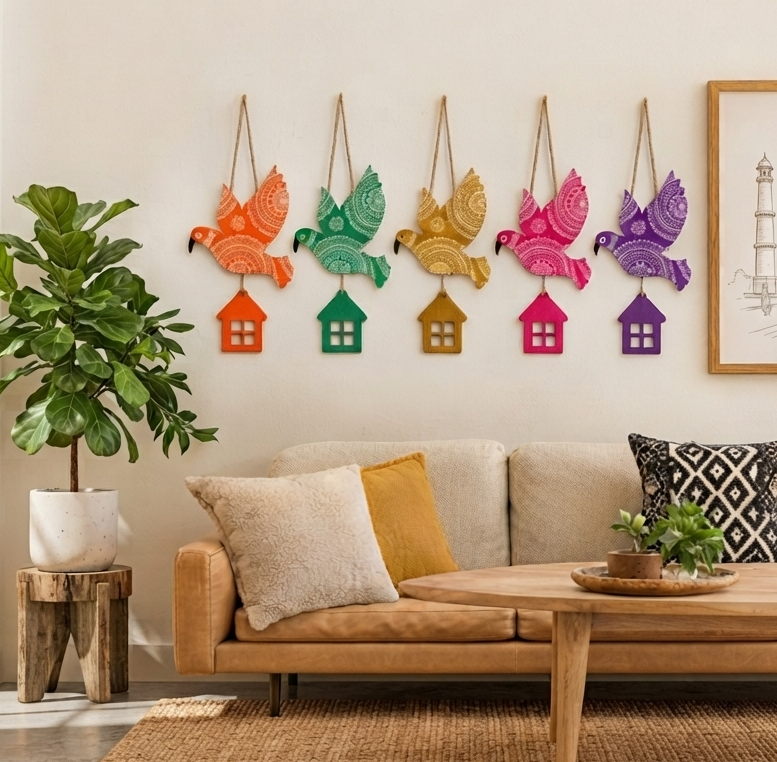 Colorful Bird Hanging Set | 5 Pack Wooden Mandala Bird House Wall  Decor