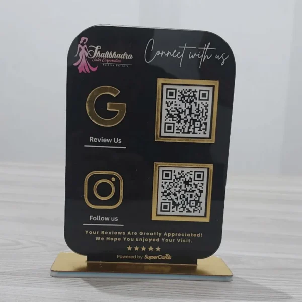 2 QR code acrylic display on business counter UV printed India 2 QR code acrylic display on business counter UV printed India